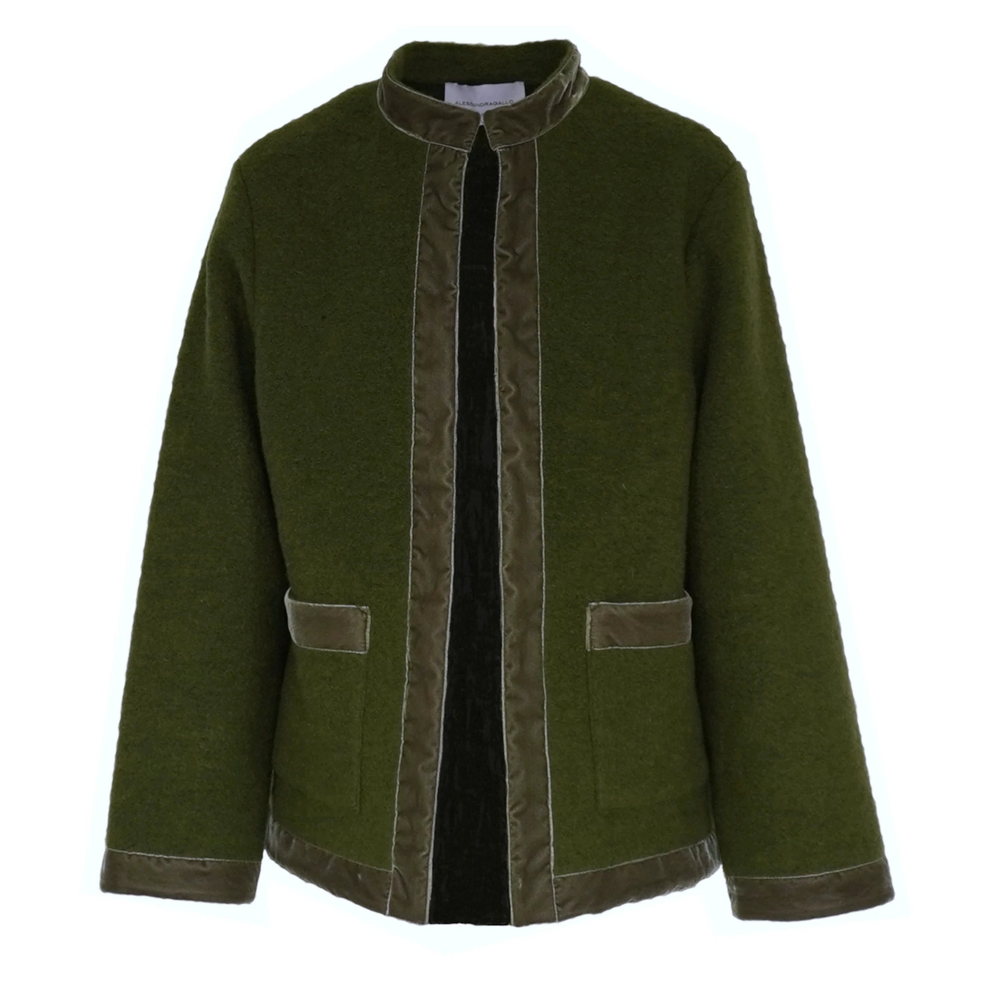 PRISCILLA giacca lana cotta verde militare - vista frontale con finiture velluto Alessandra Gallo