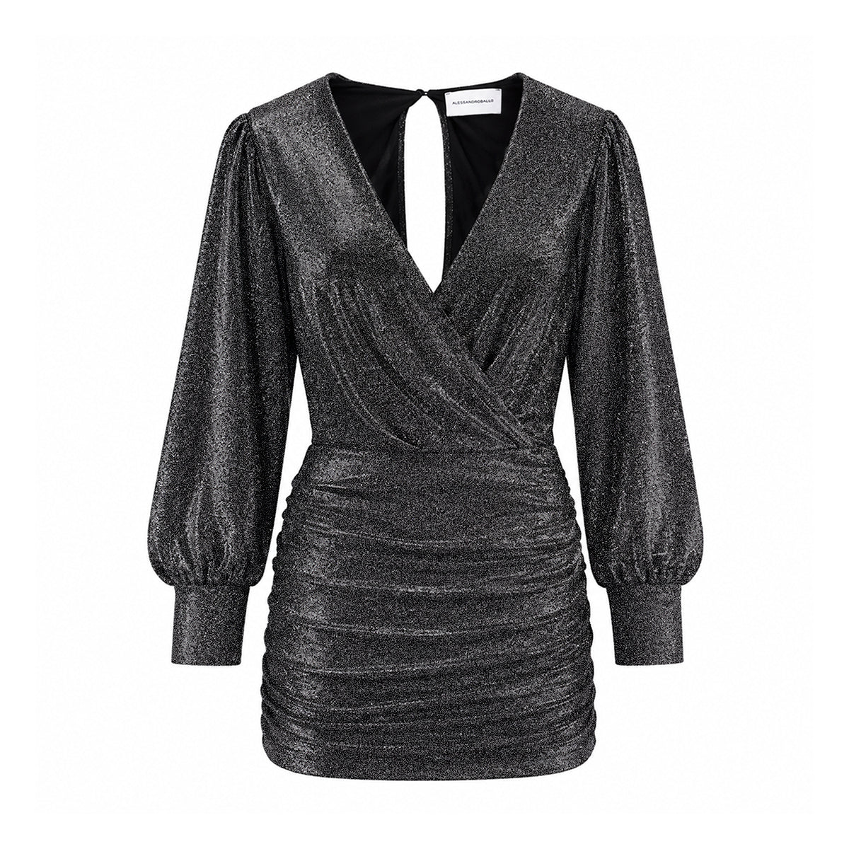 ZOE, abito corto in lurex antracite con scollo incrociato e gonna drappeggiata.