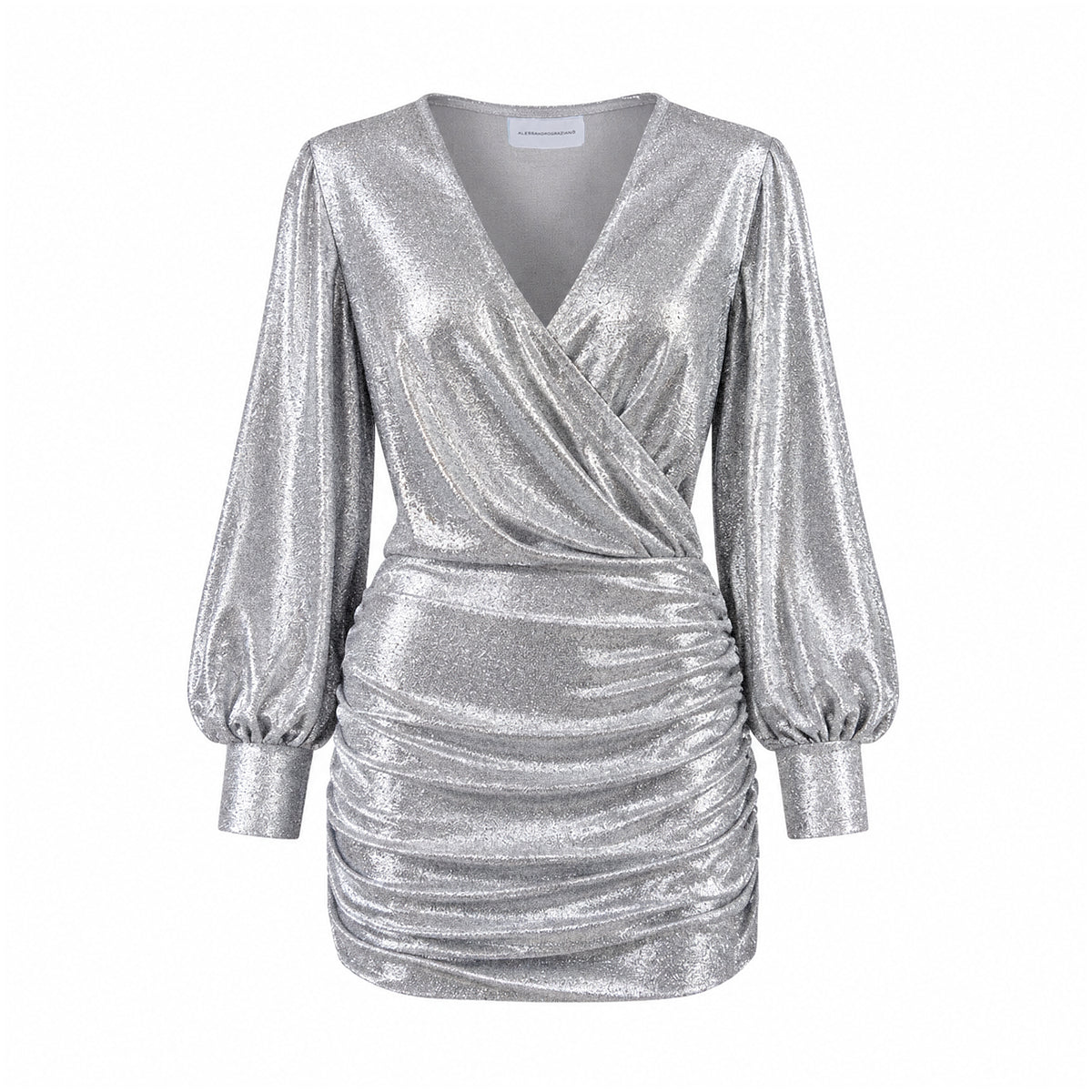 MIA, abito corto in lurex argento con scollo incrociato e gonna drappeggiata.
