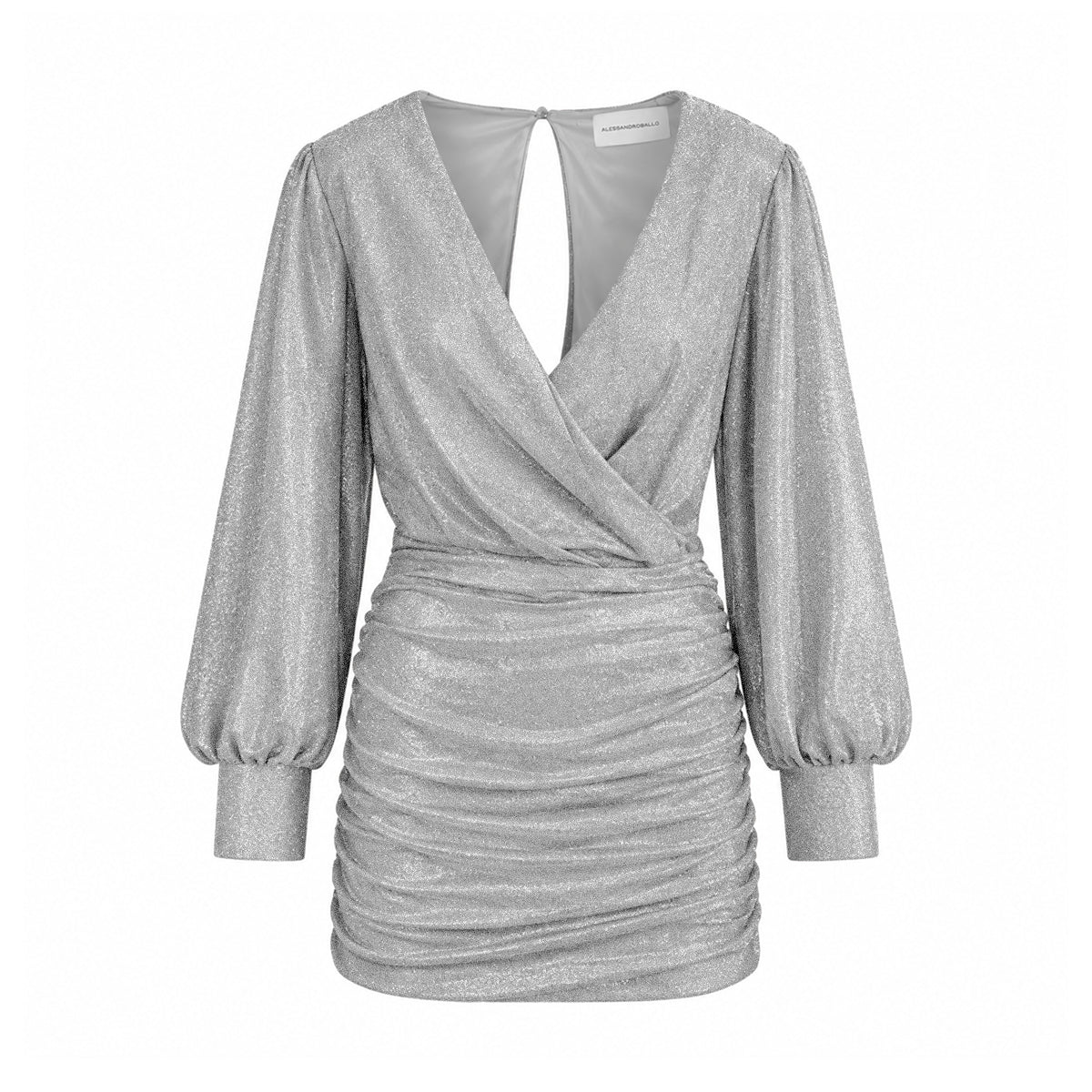ZOE, abito corto in lurex argento con scollo incrociato e gonna drappeggiata.