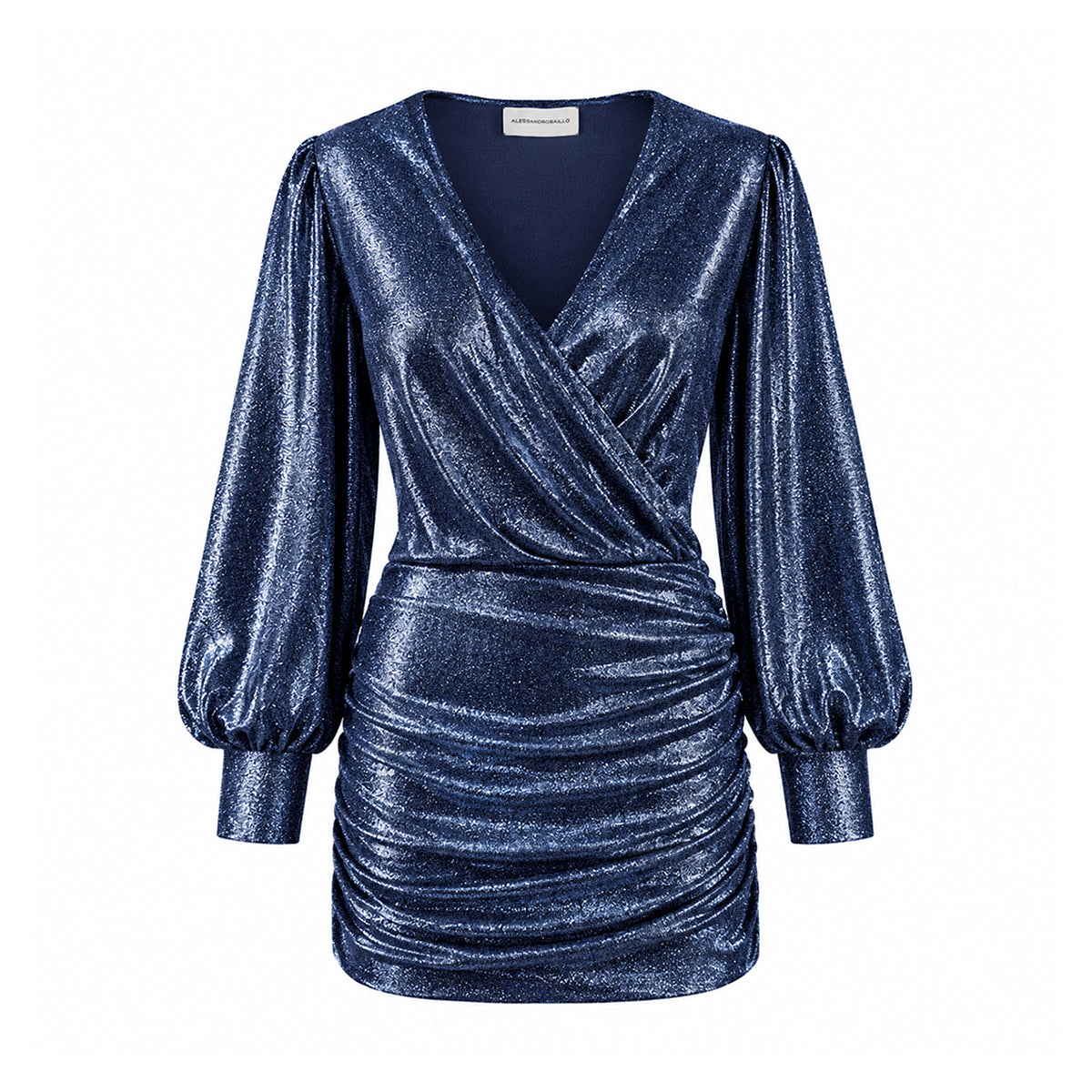 MIA, abito corto in lurex blu con scollo incrociato e gonna drappeggiata.