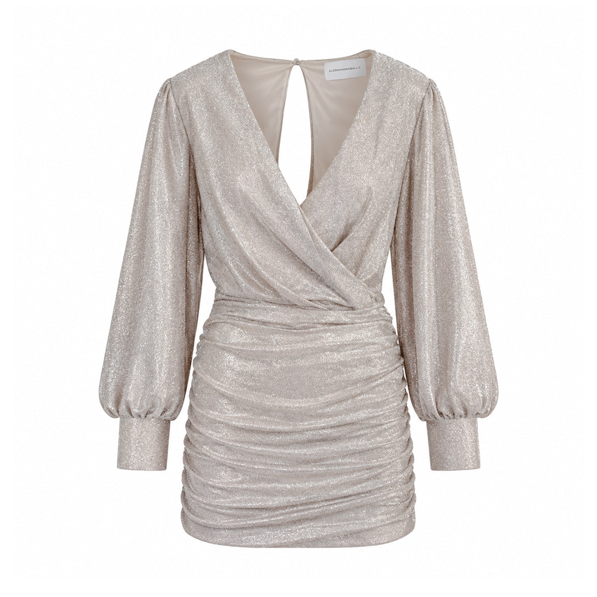 ZOE, abito corto in lurex crema con scollo incrociato e gonna drappeggiata.