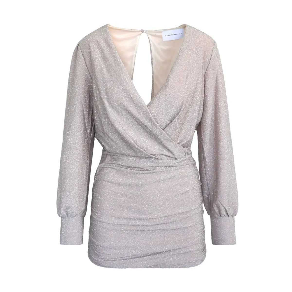 Abito corto drappeggiato in lurex crema ZOE con scollo a V incrociato e apertura sulla schiena – Alessandra Gallo