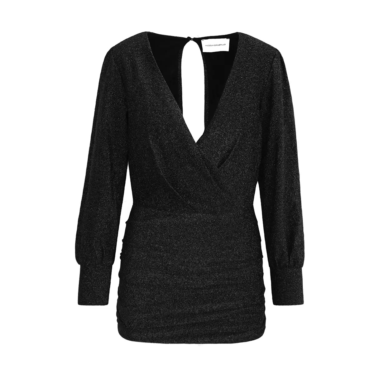 Abito corto drappeggiato in lurex nero ZOE con scollo a V incrociato e apertura sulla schiena – Alessandra Gallo