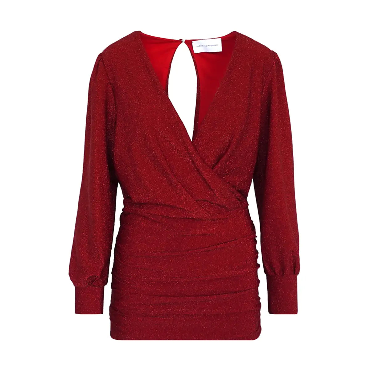 Abito corto drappeggiato in lurex rosso ZOE con scollo a V incrociato e apertura sulla schiena – Alessandra Gallo