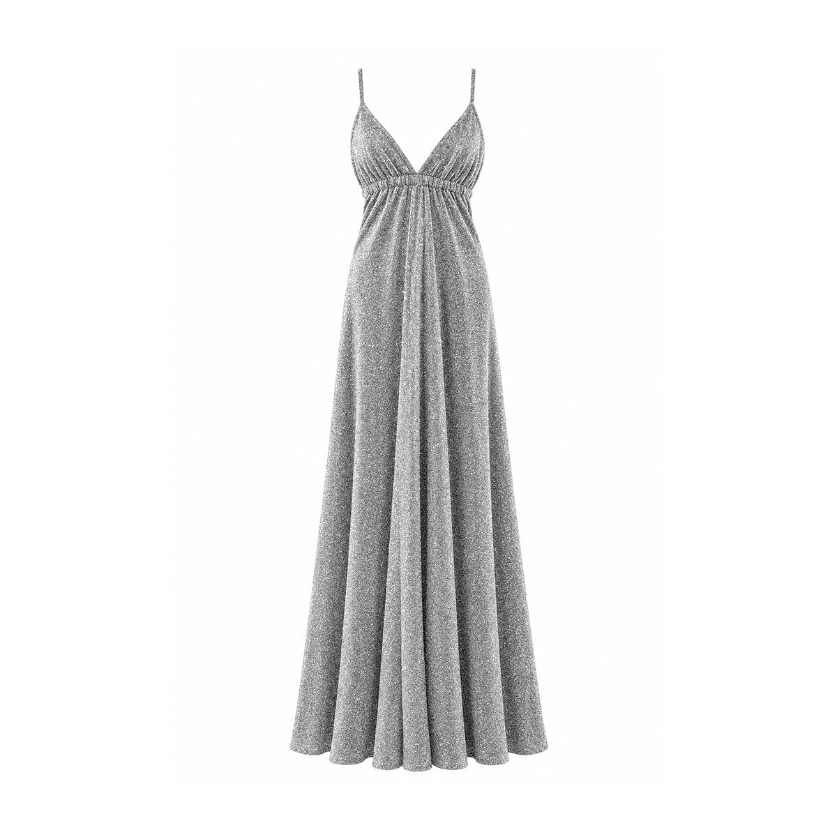 MICOL, abito lungo in lurex argento con scollo a V e spalline sottili.