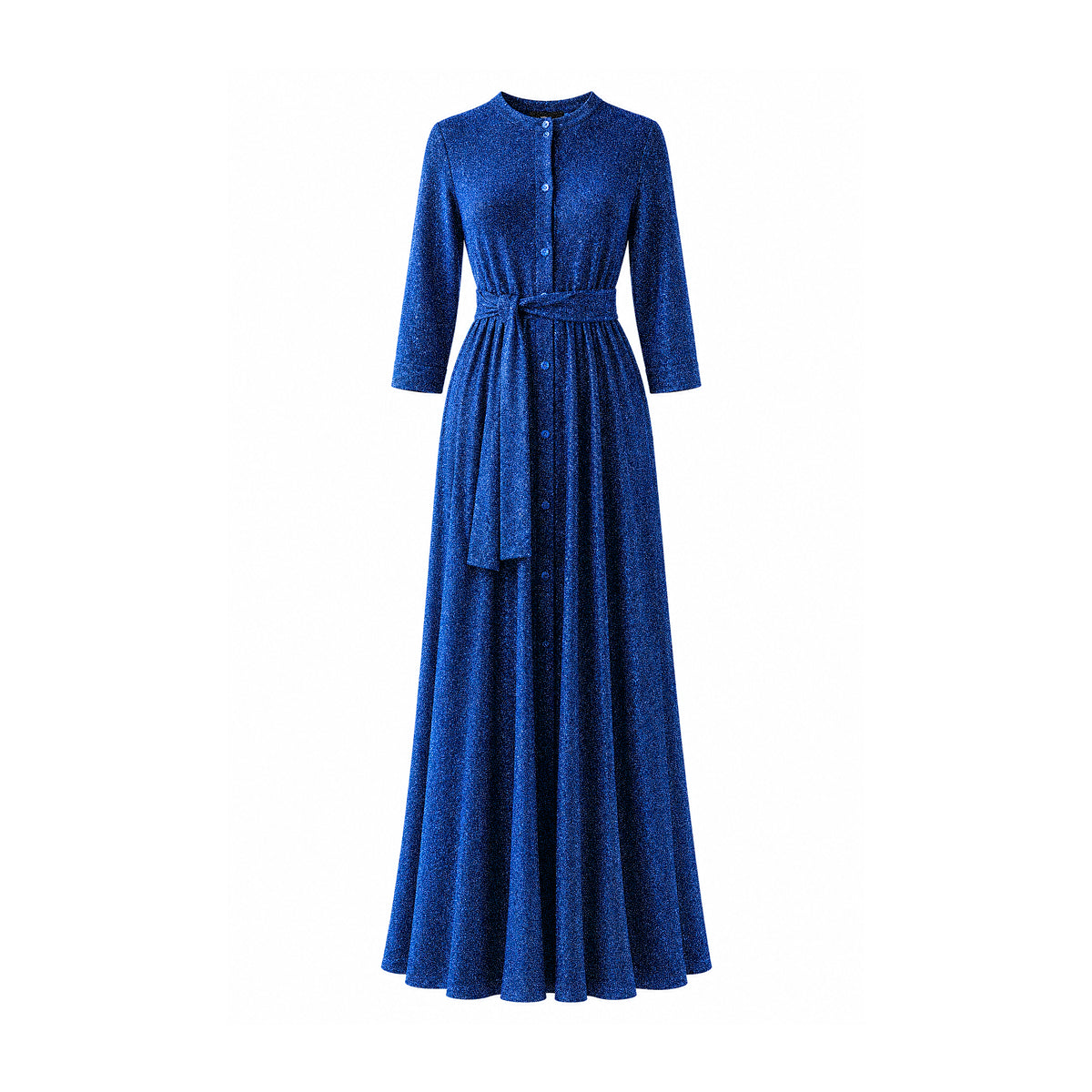 CLELIA, abito lungo in lurex blu con cintura, bottoni sul davanti e gonna ampia.
