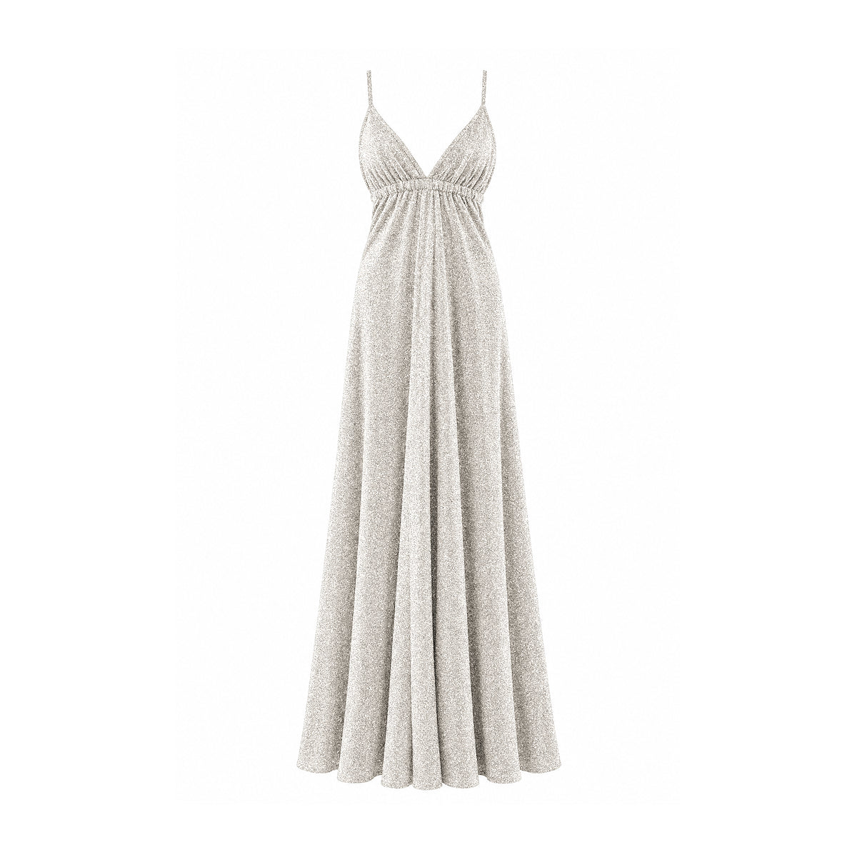 MICOL, abito lungo in lurex crema con scollo a V e spalline sottili.