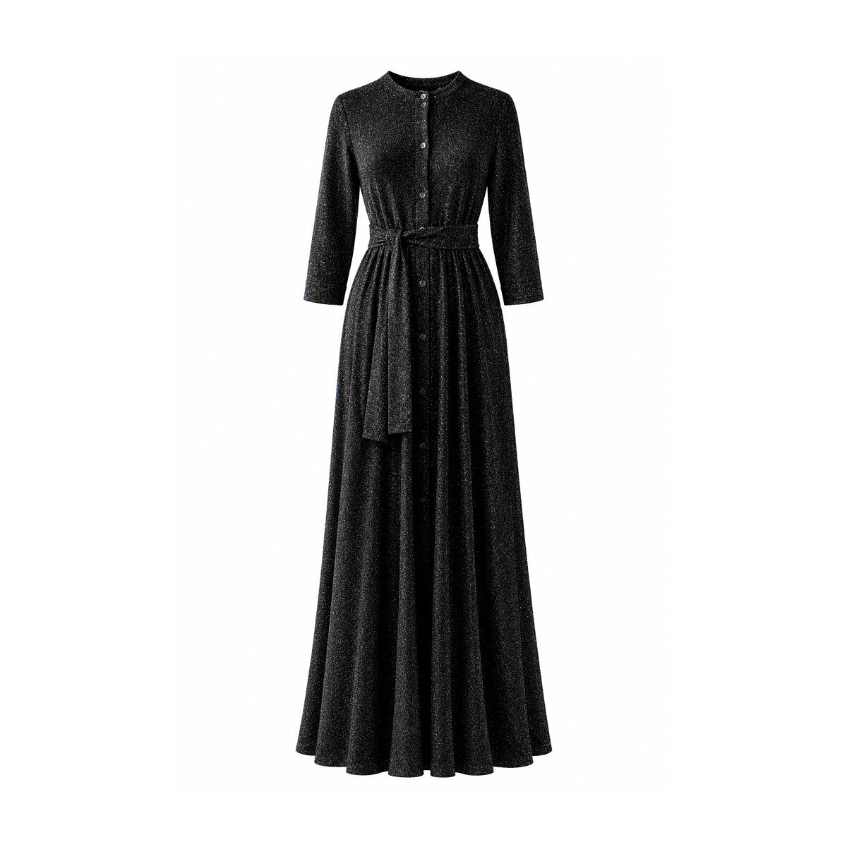 CLELIA, abito lungo in lurex nero con cintura, bottoni sul davanti e gonna ampia.