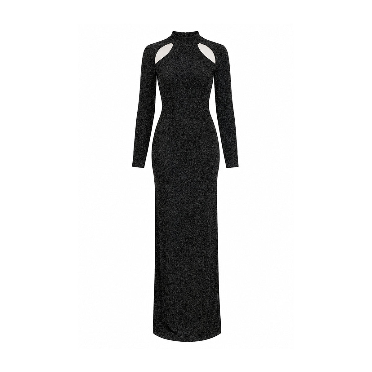 ELETTRA, abito lungo in lurex nero con cut-out.