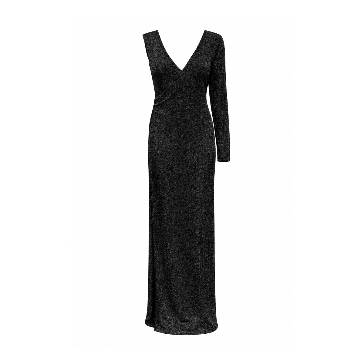 MATILDE, abito lungo monospalla in lurex nero.