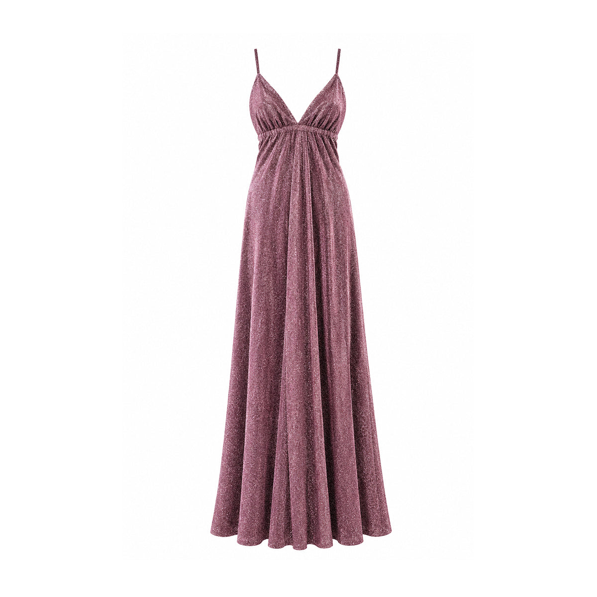 MICOL, abito lungo in lurex rosa con scollo a V e spalline sottili.