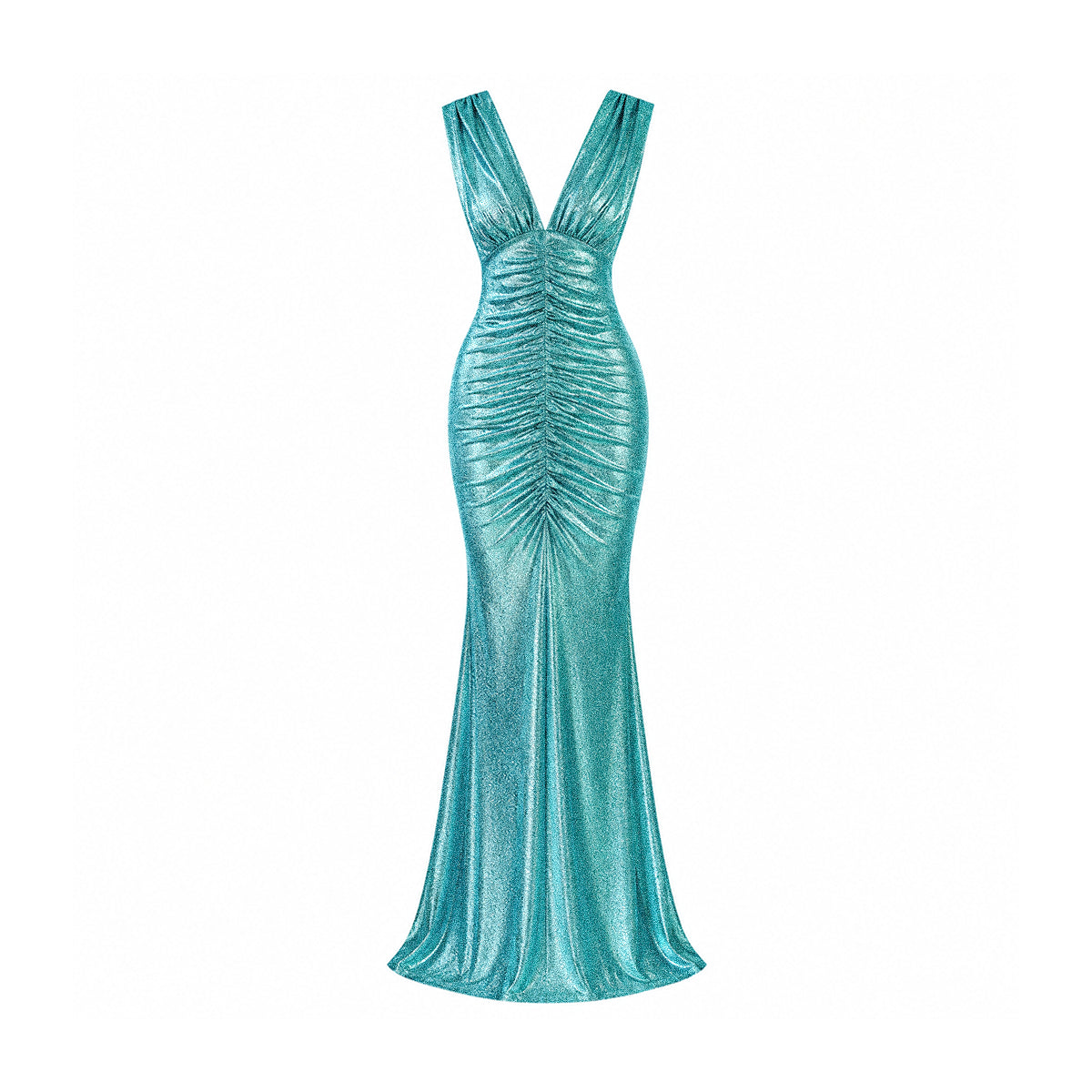 SELENE, abito lungo in lurex verde con scollo a V e linea a sirena.