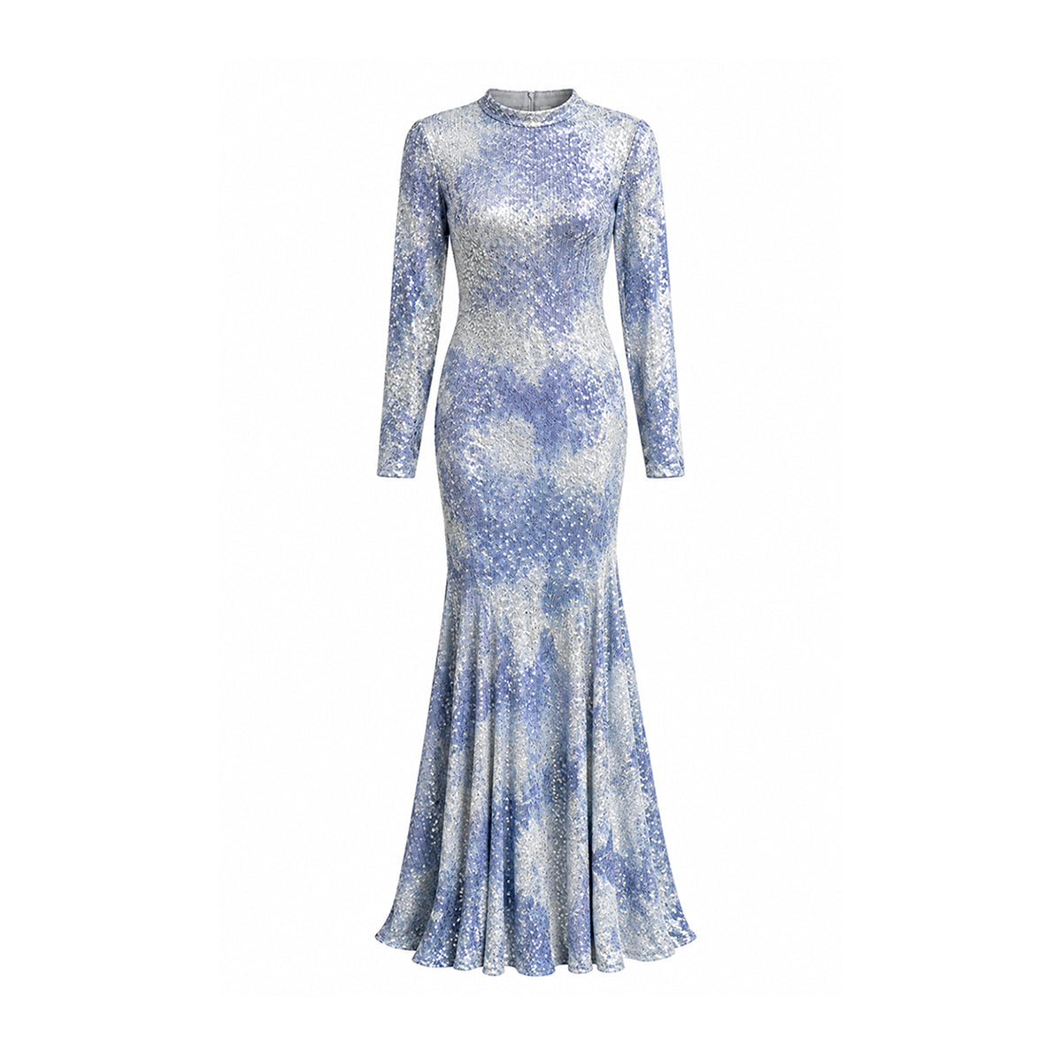 DELFINA, abito lungo a sirena in paillettes mélange con collo alto e maniche lunghe.