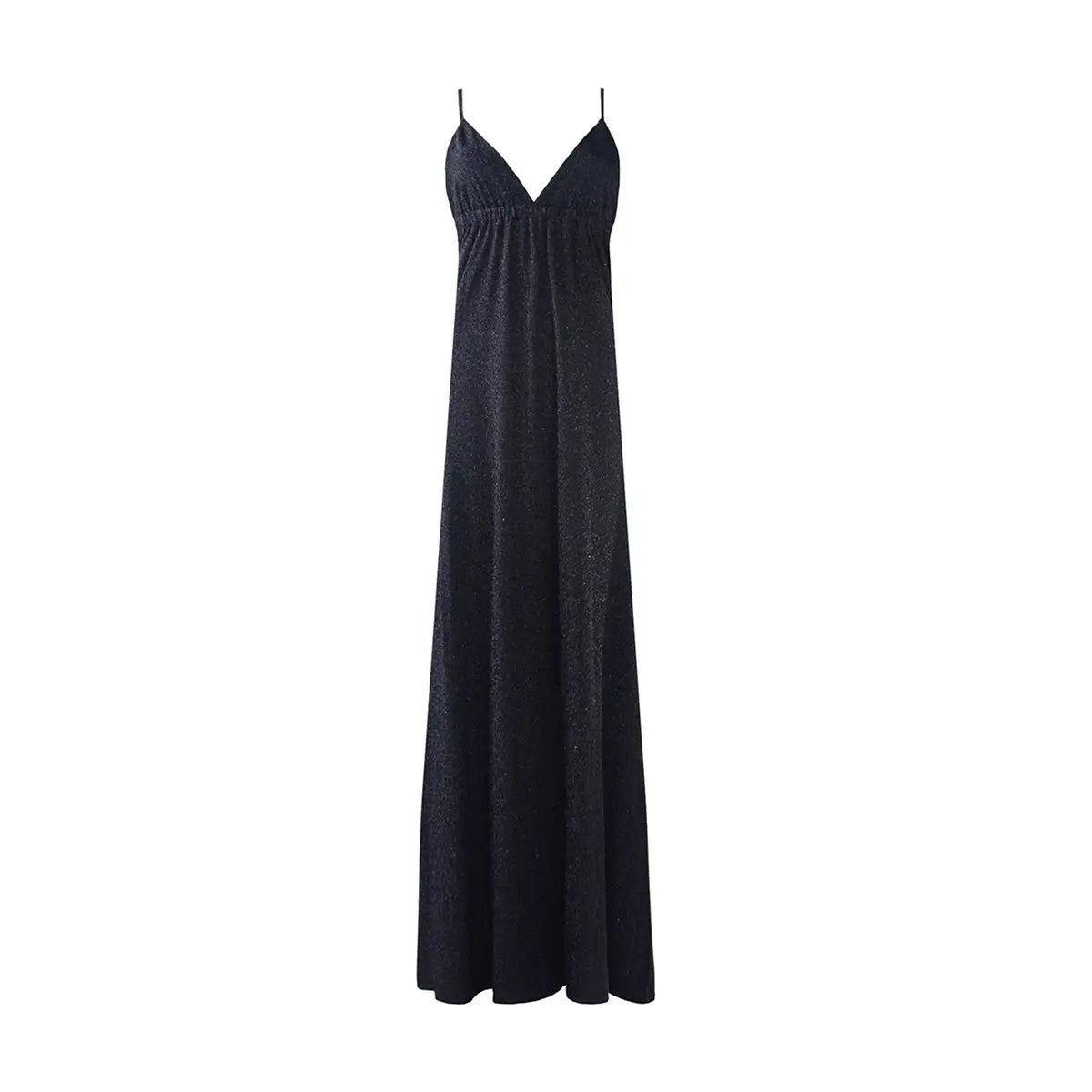 Abito lungo in lurex nero MICOL con scollo a V e spalline sottili incrociate sulla schiena – Alessandra Gallo
