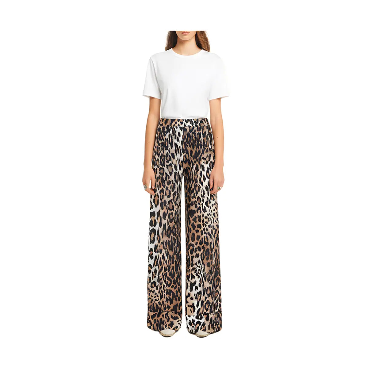 AIDA pantaloni palazzo in lycra di Alessandra Gallo in fantasia Animalier - eleganti pantaloni Made in Italy - Stretch Collection - indossato frontale