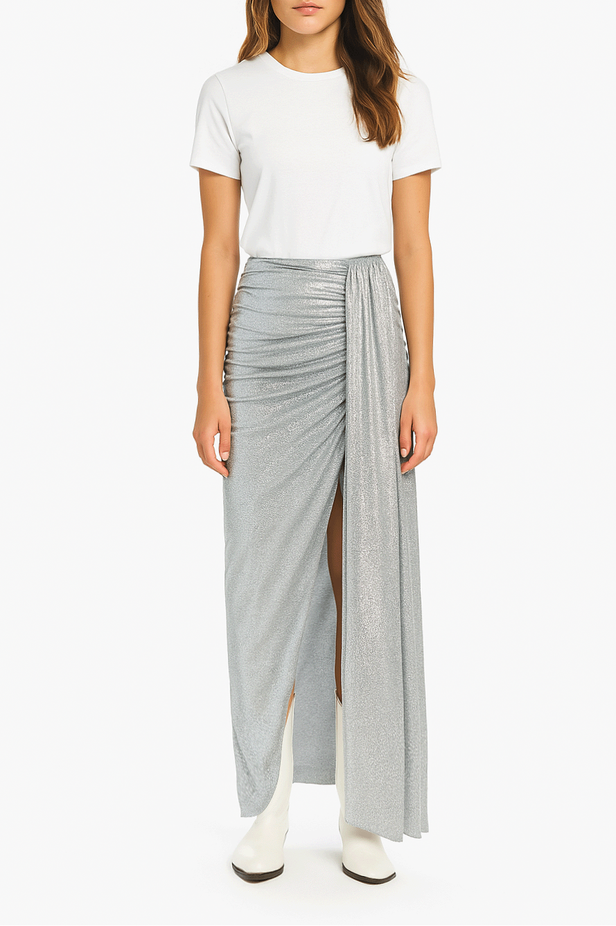 Gonna lunga AMANDA di Alessandra Gallo in lurex argento con spacco laterale - indossata frontale - stardust collection