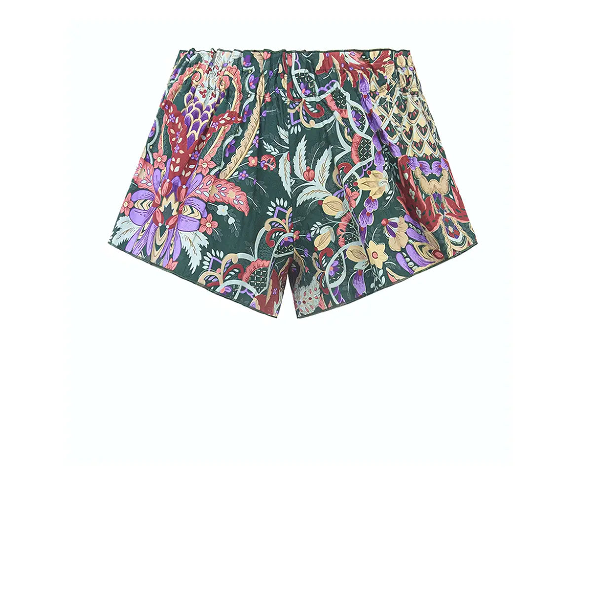 Shorts AMARANTA di Alessandra Gallo con elastico in vita in cotone fantasia Pergola - Made in Italy - Printemps Collection - vista frontale
