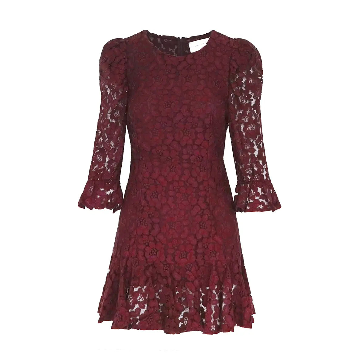 abito corto ANDREA di Alessandra Gallo in pizzo bordeaux con girocollo, manica a 3/4 a sbuffo - vista frontale - The Dreamy Collection