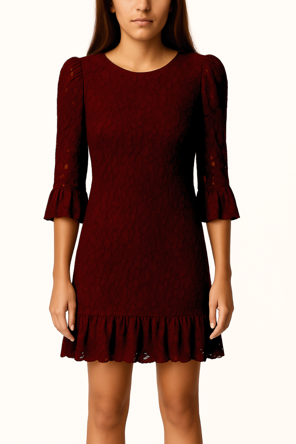 abito corto ANDREA di Alessandra Gallo in pizzo bordeaux con girocollo, manica a 3/4 a sbuffo - indossato frontale - The Dreamy Collection