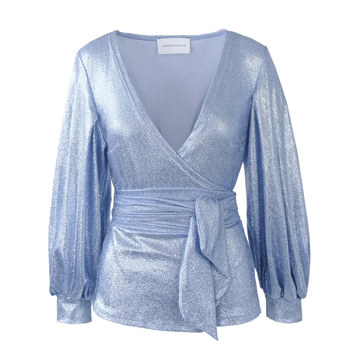 Blusa a portafoglio in lurex azzurro CLOE con scollo a V, maniche lunghe e fascia in vita – Alessandra Gallo