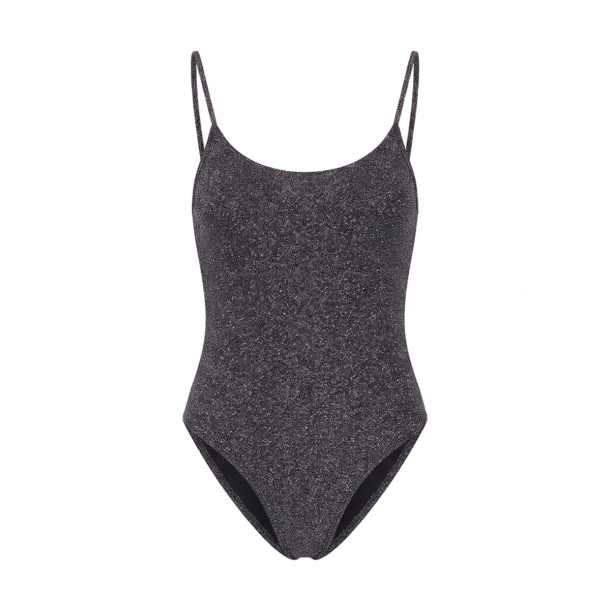 ALEX, body in lurex antracite con scollo rotondo e spalline sottili.