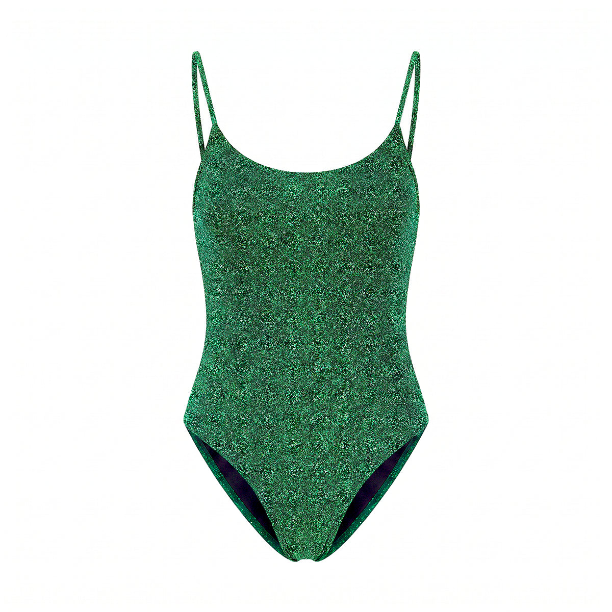 ALEX, body in lurex verde con scollo rotondo e spalline sottili.