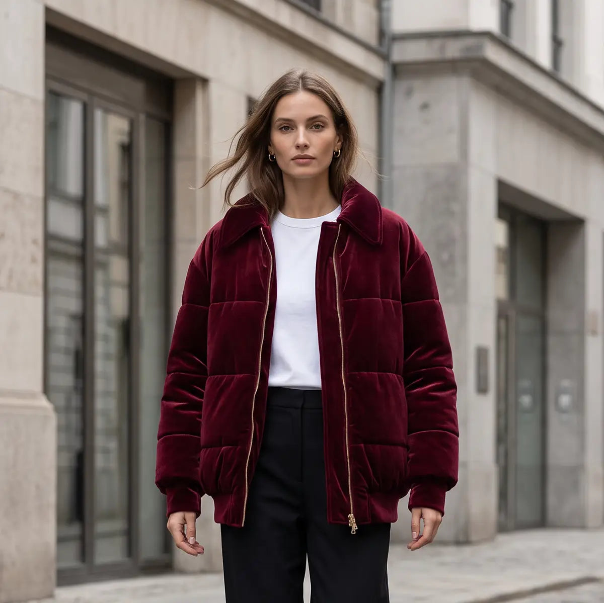 BOMBER, piumino in ciniglia bordeaux con zip frontale e polsini, su modella.