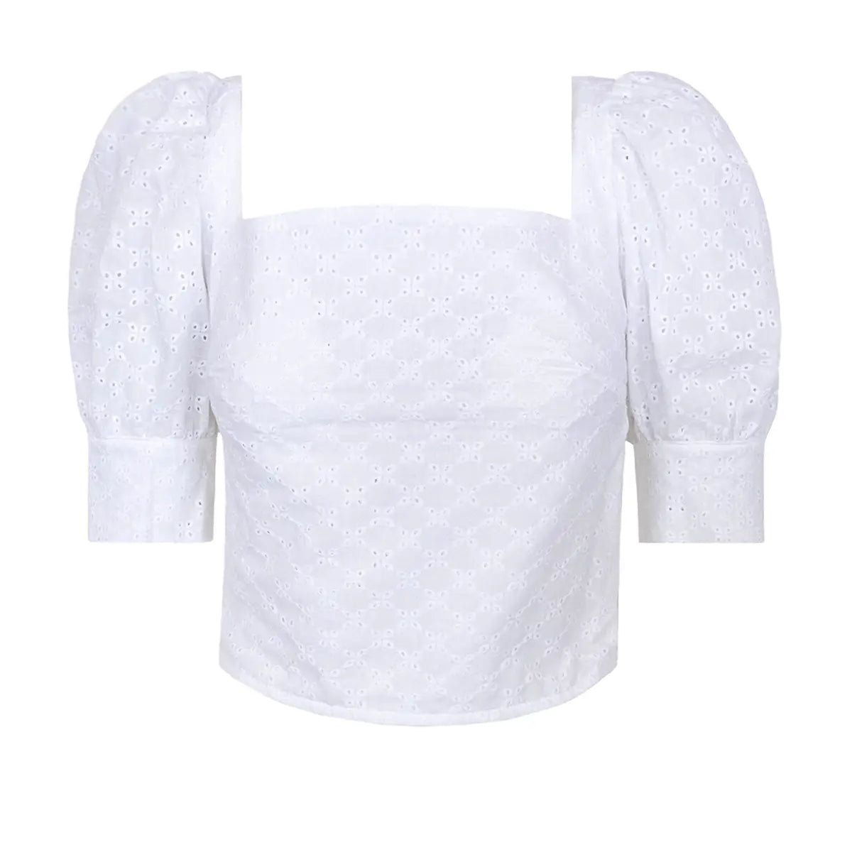 top CAMELIA di Alessandra Gallo con scollo quadrato e maniche a 3/4 a sbuffo in cotone Sangallo -Broderie Collection - Made in Italy - vista frontale