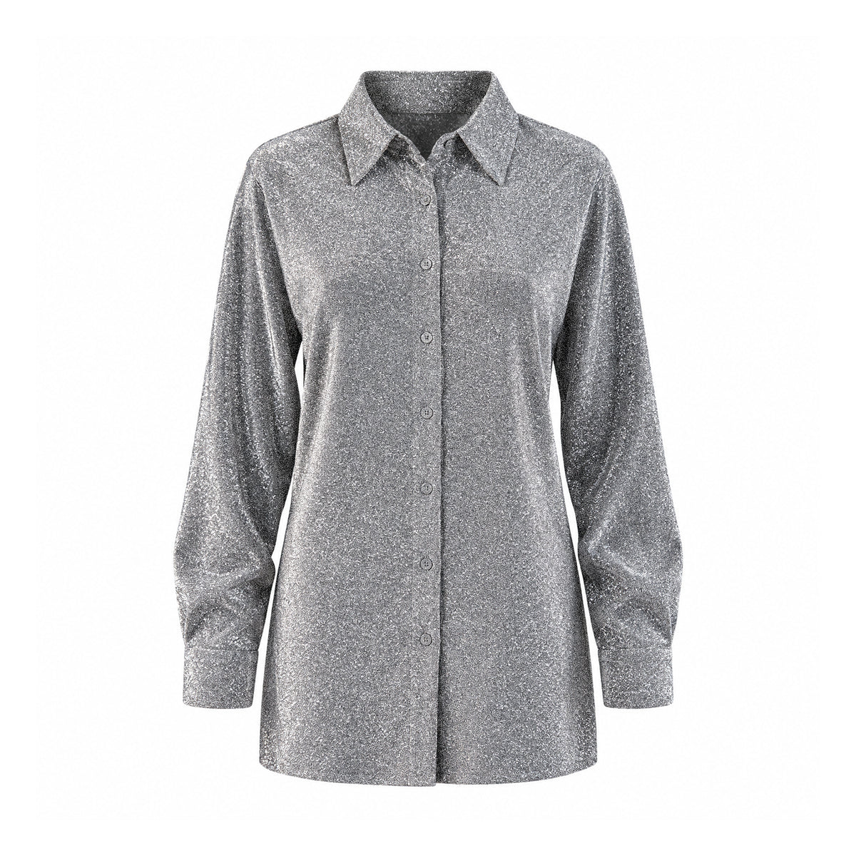 CELESTE, camicia in lurex argento con colletto e abbottonatura frontale.