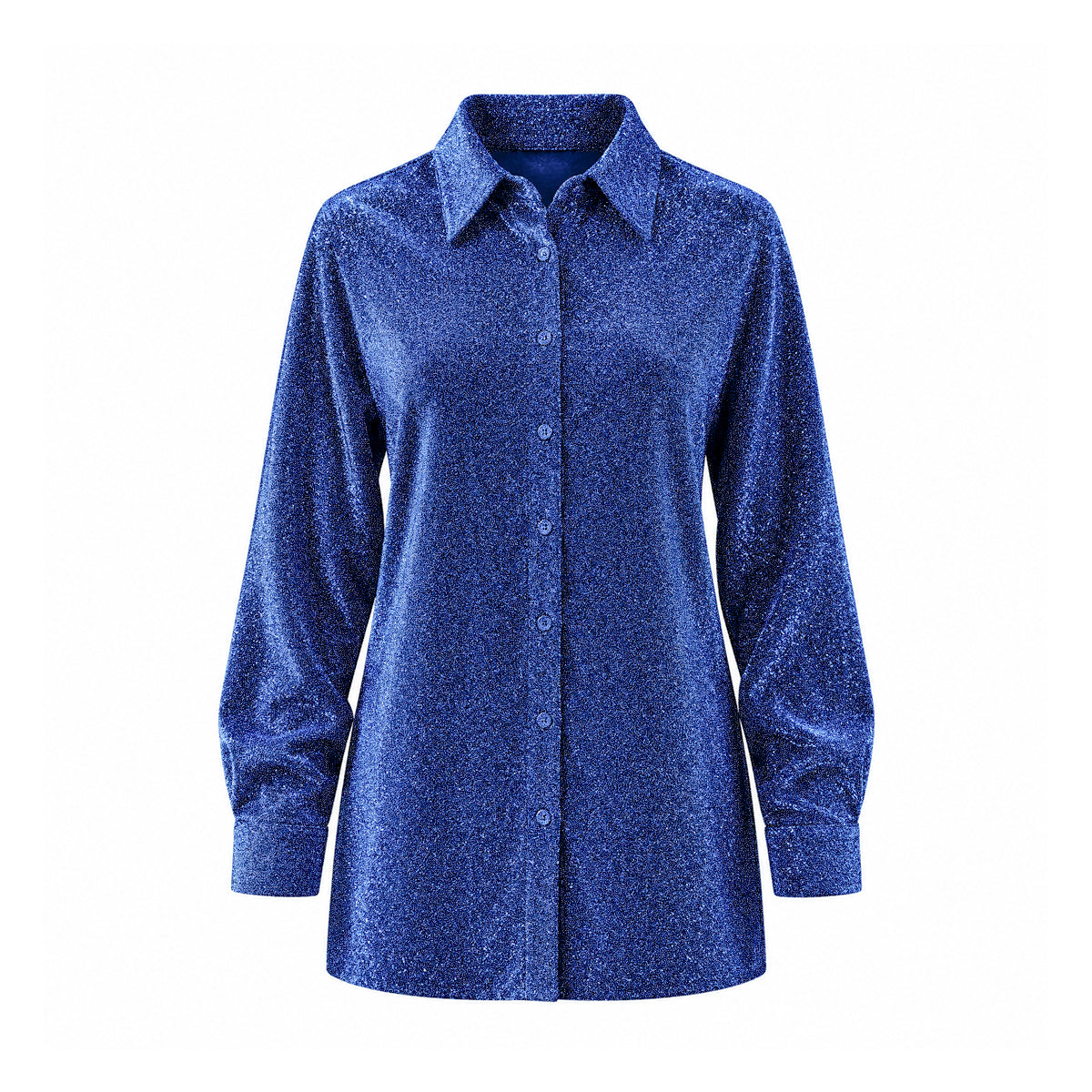 CELESTE, camicia in lurex blu con colletto e abbottonatura frontale.