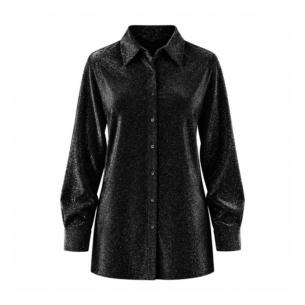 CELESTE, camicia in lurex nero con colletto e abbottonatura frontale.