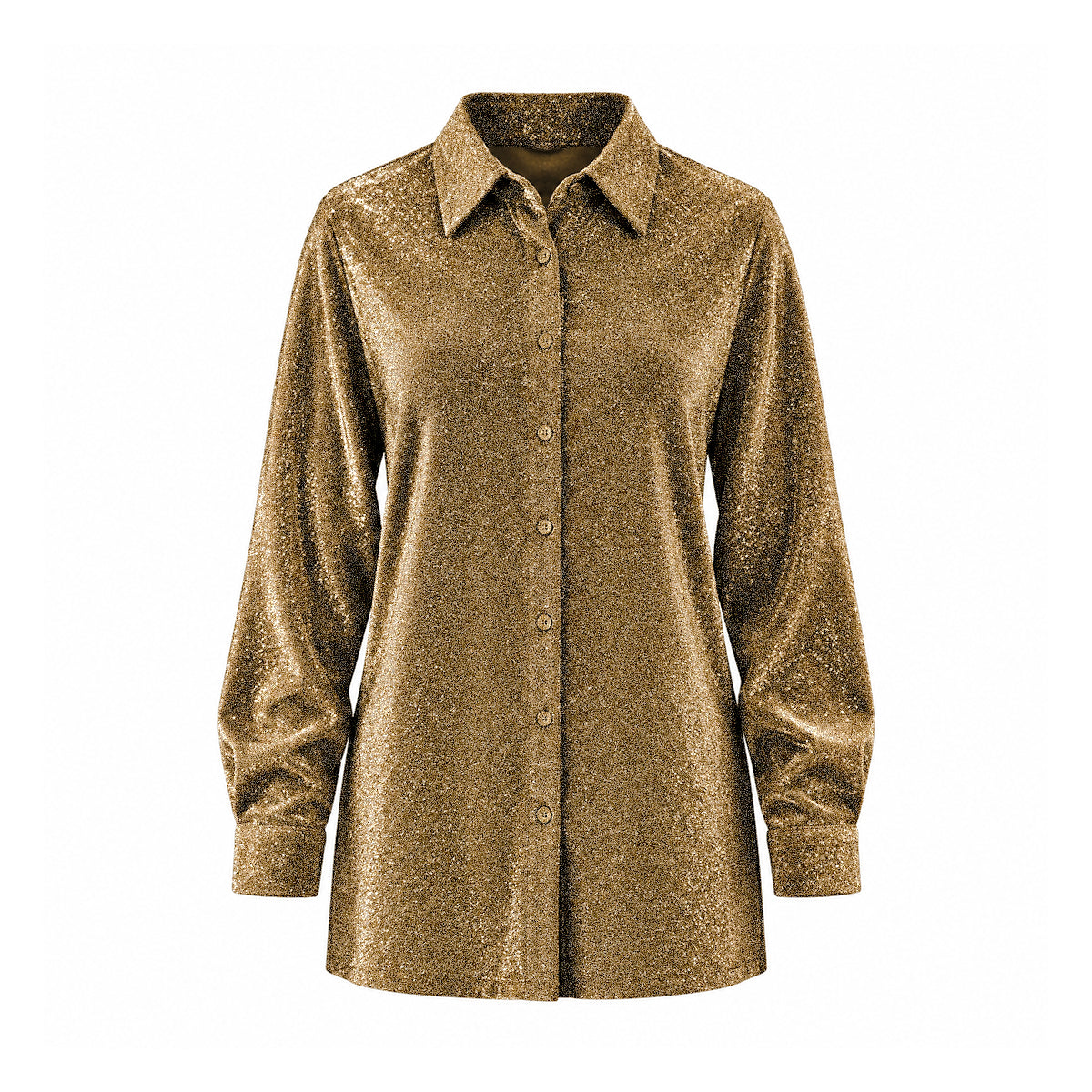 CELESTE, camicia in lurex oro con colletto e abbottonatura frontale.