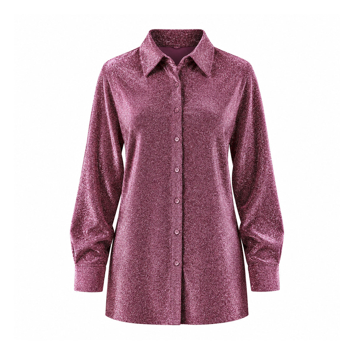 CELESTE, camicia in lurex rosa con colletto e abbottonatura frontale.