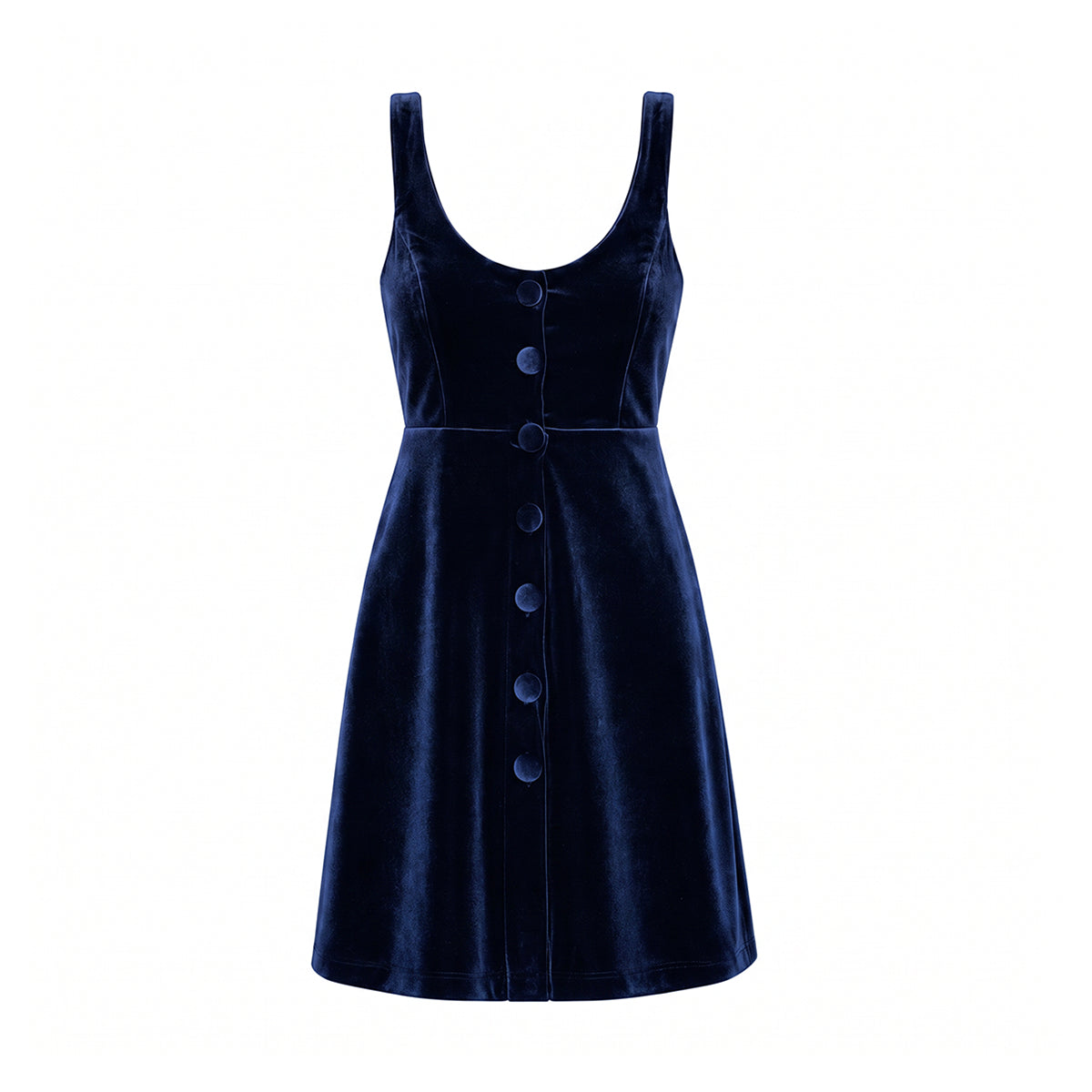 CARLOTTA, abito corto in ciniglia blu con scollo rotondo e bottoni sul davanti.