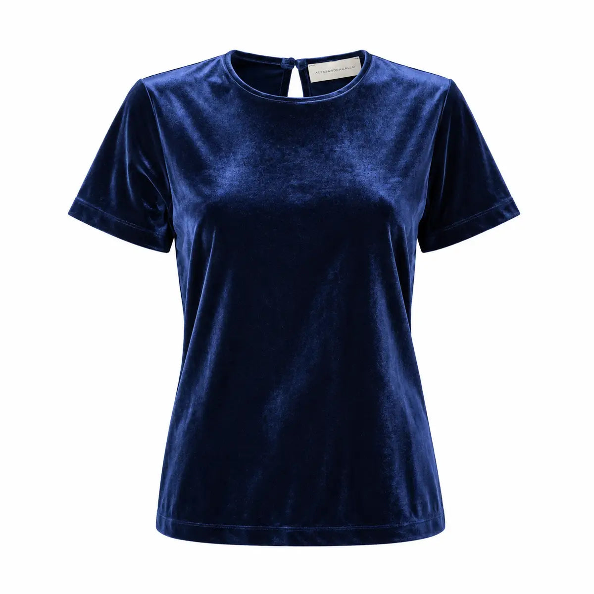CARMEN, t-shirt in ciniglia blu con girocollo e maniche corte.