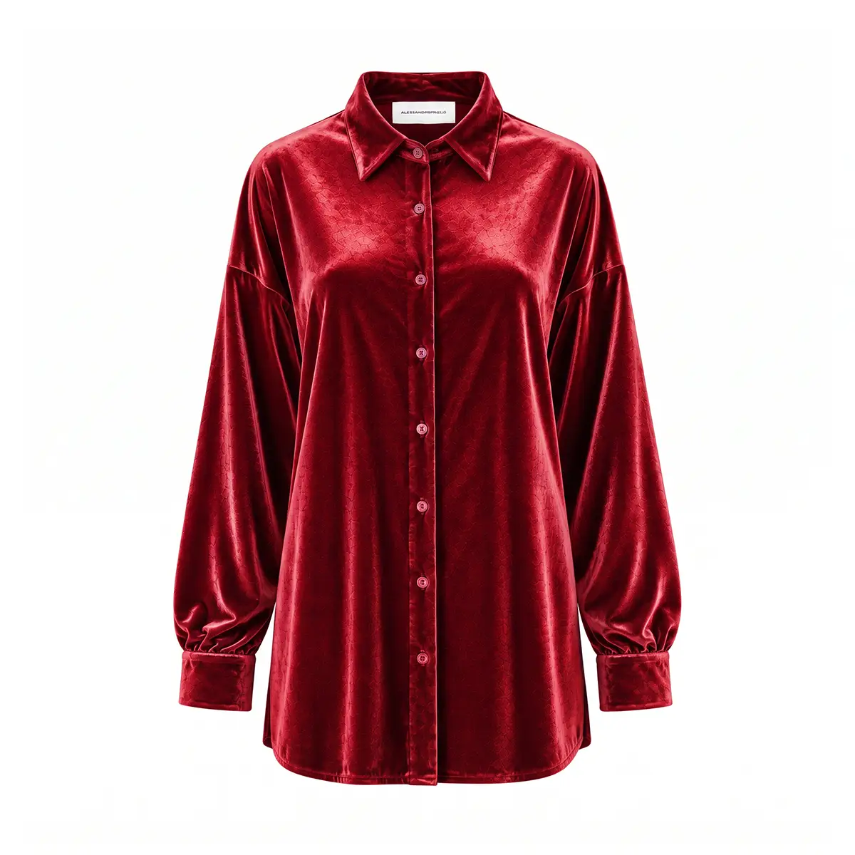 CELESTE, camicia in ciniglia rossa con colletto e abbottonatura frontale.