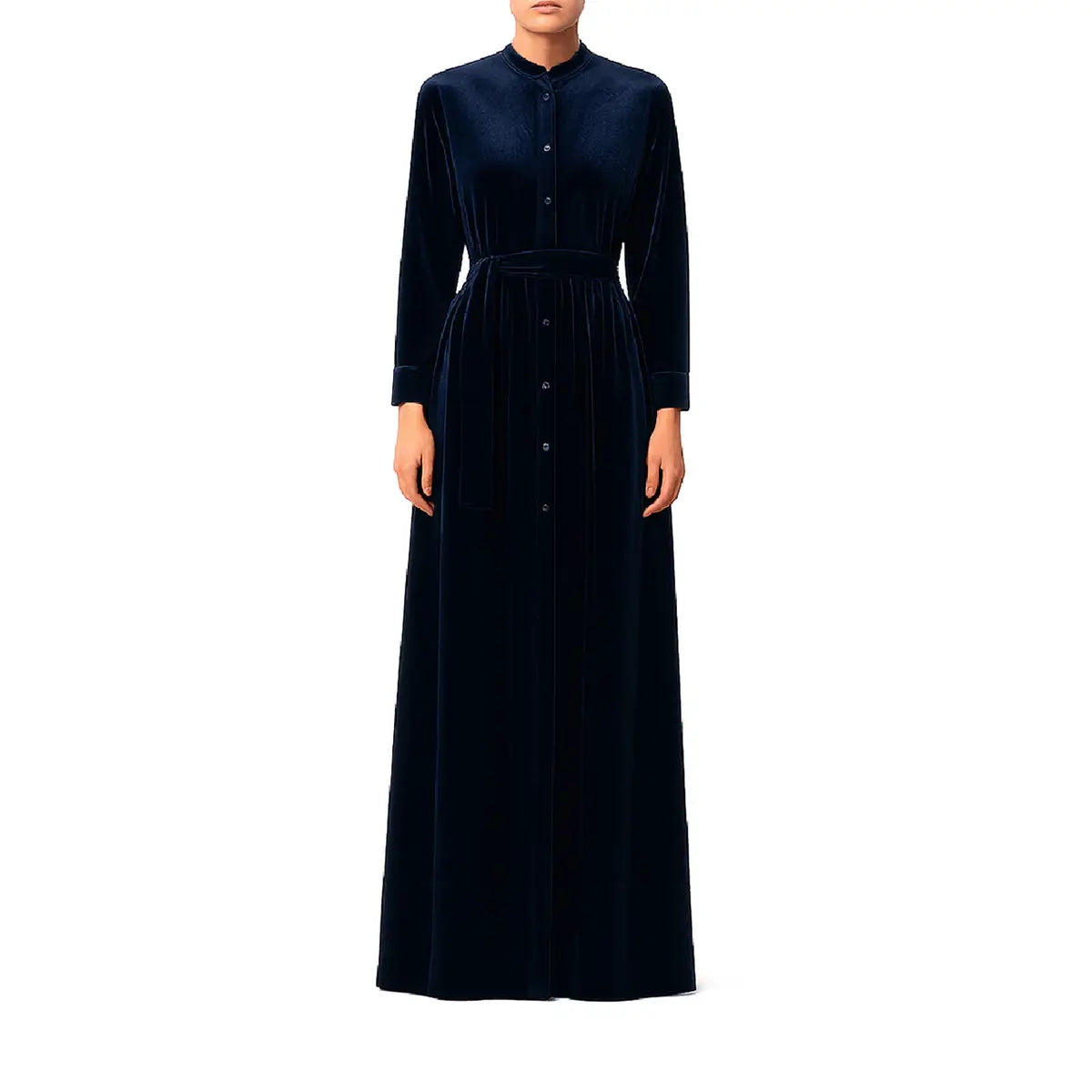 Abito lungo a chemisier CLELIA di Alessandra Gallo in ciniglia blu con bottoni, maniche lunghe, collo alla coreana e cintura in vita - indossato frontale - Day&Night Collection