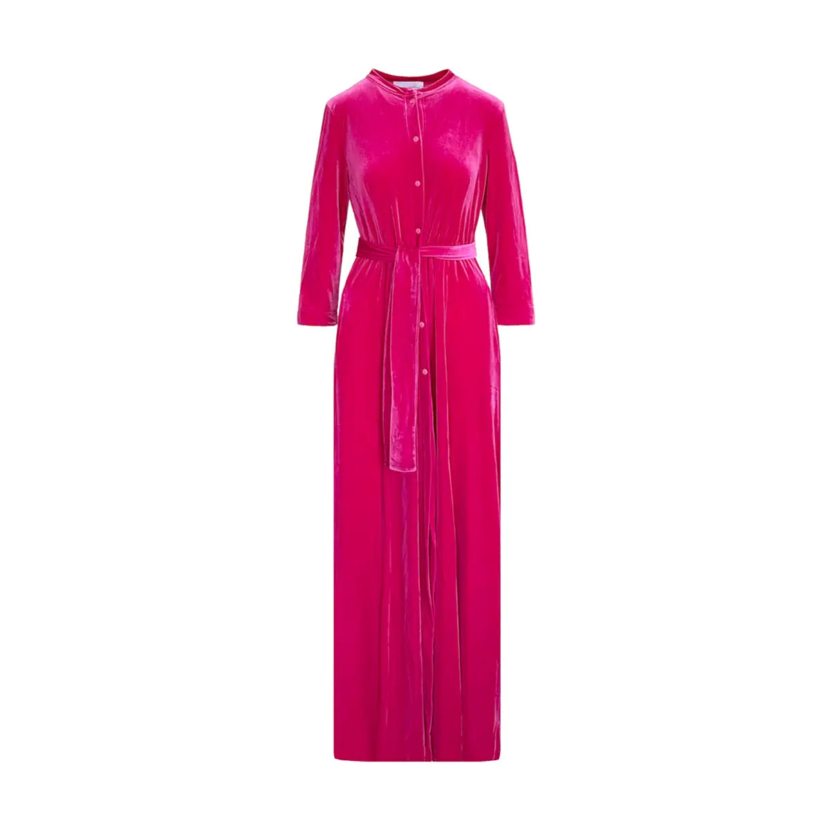 Abito lungo a chemisier CLELIA di Alessandra Gallo in ciniglia fucsia con bottoni, maniche lunghe, collo alla coreana e cintura in vita - vista frontale - Day&Night Collection