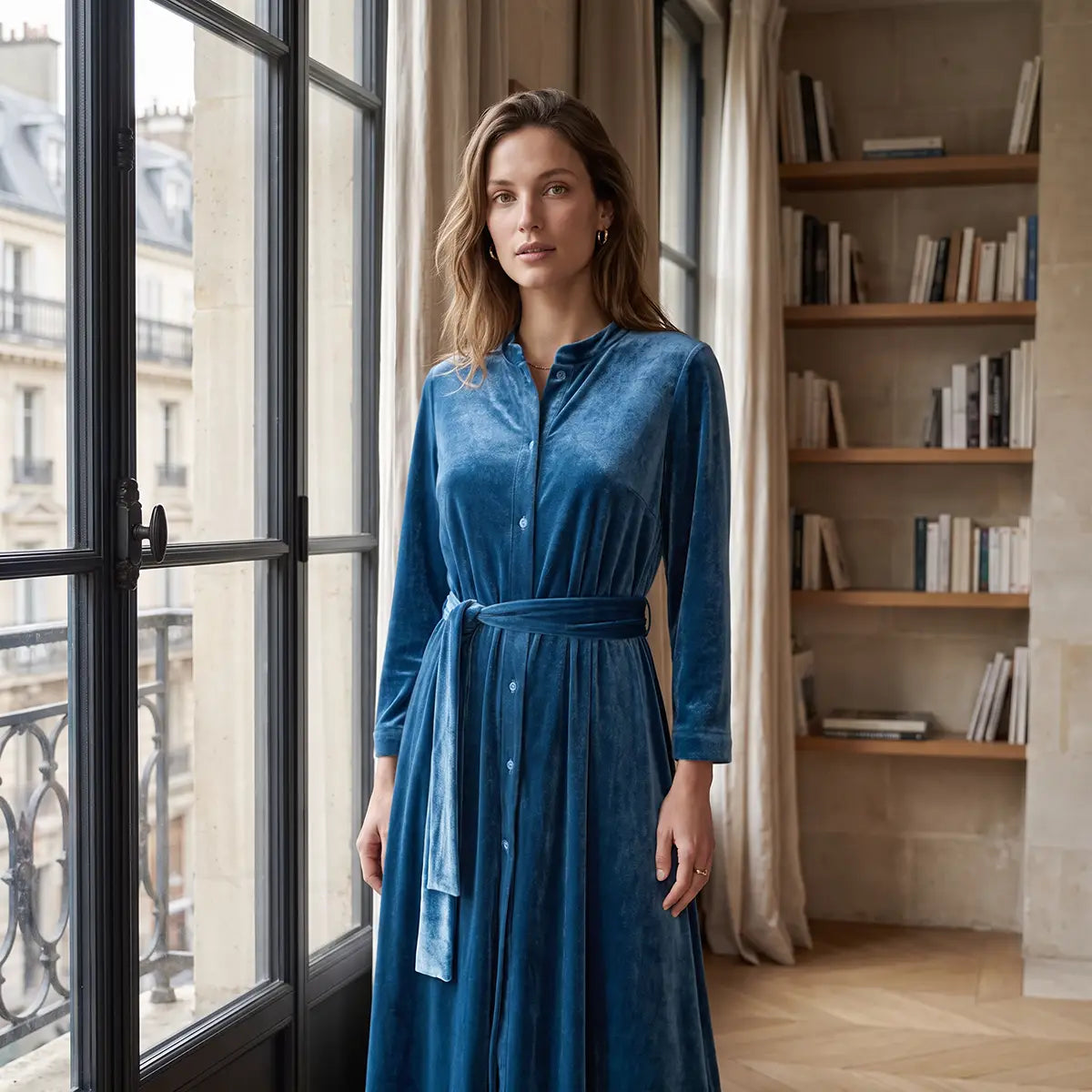 CLELIA MIDI, abito midi in ciniglia ottanio con cintura, bottoni sul davanti e gonna ampia, su modella.