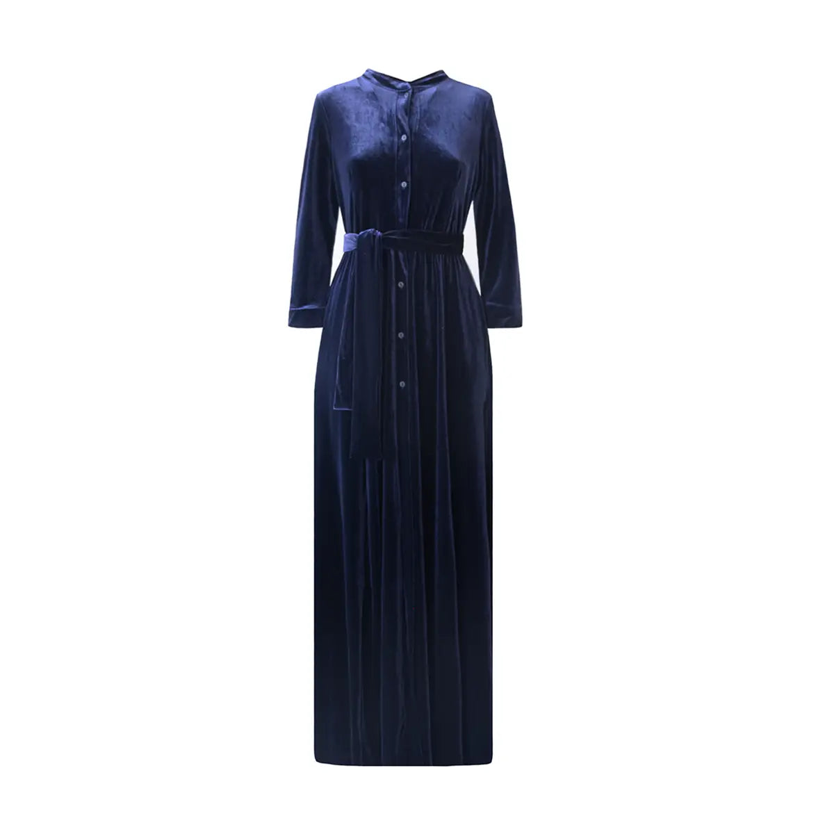 Abito lungo a chemisier CLELIA di Alessandra Gallo in ciniglia blu con bottoni, maniche lunghe, collo alla coreana e cintura in vita - vista frontale - Day&Night Collection