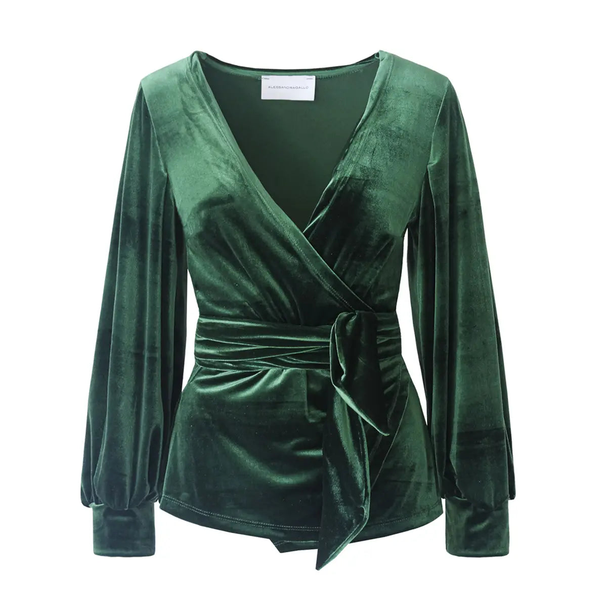 Blusa a portafoglio CLOE di Alessandra Gallo in ciniglia verde smeraldo con scollo V e maniche lunghe ampie - vista frontale - Day&Night Collection