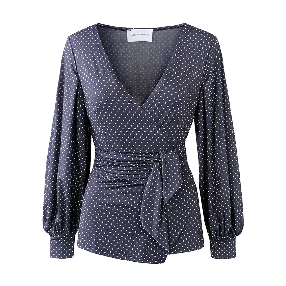 CLOE blusa in lycra fantasia Pois di Alessandra Gallo - elegante blusa portafoglio con maniche ampie e scollo a V - Made in Italy - Stretch Collection - vista frontale
