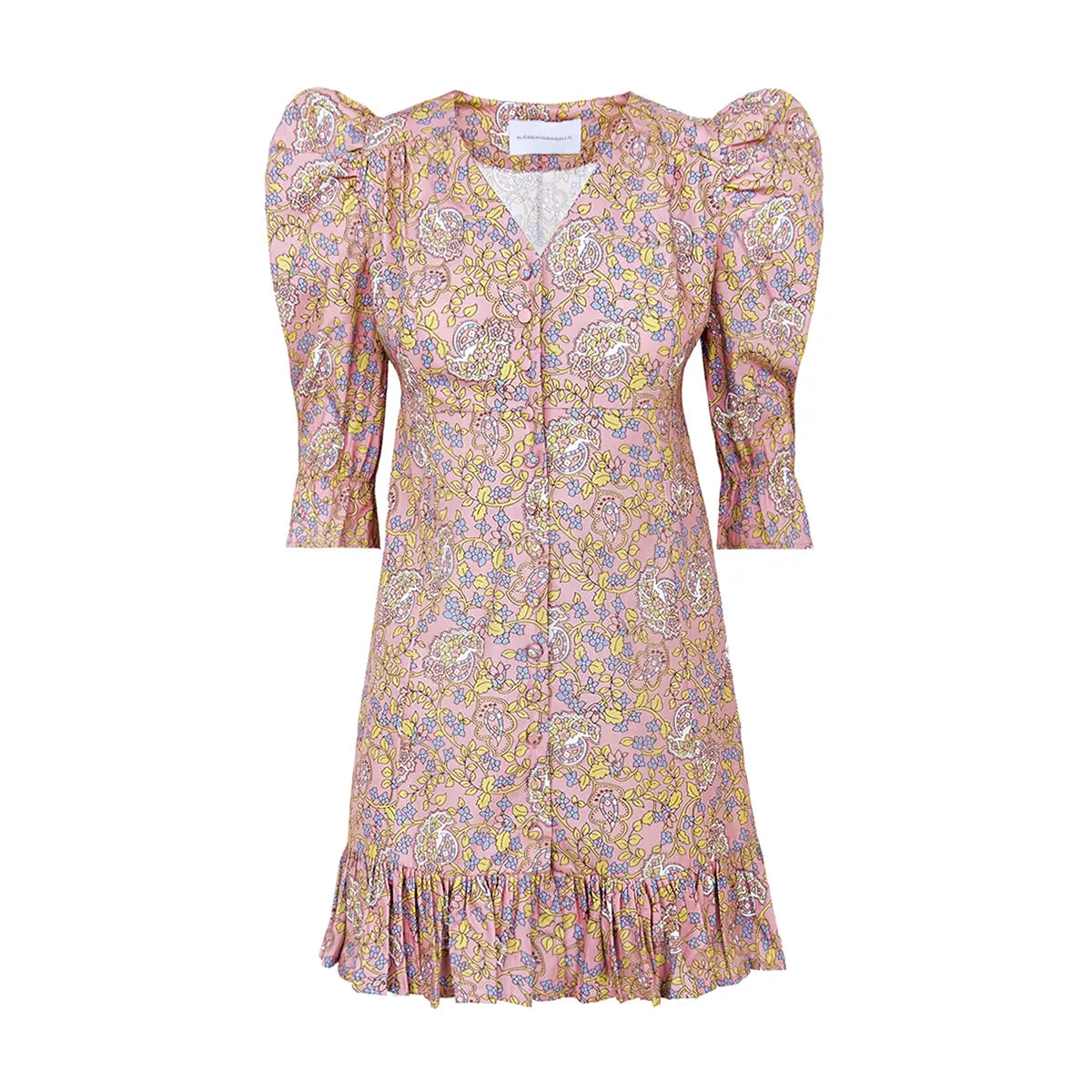 Abito corto DALIA di Alessandra Gallo con scollo a V, bottoni foderati centrali, maniche a 3/4 a sbuffo e volant in cotone fantasia Pink Obsession - Made in Italy - The Obsession Collection - vista frontale