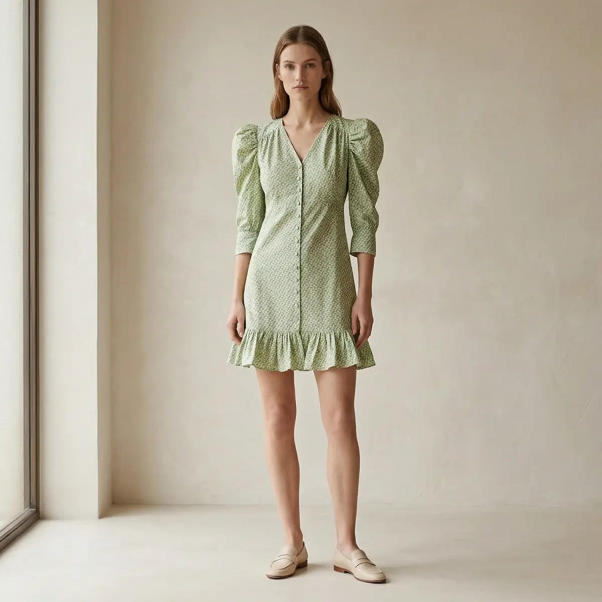 Abito corto DALIA di Alessandra Gallo con scollo a V, bottoni foderati centrali, maniche a 3/4 a sbuffo e volant in cotone fantasia Villa D'Este - Made in Italy - Printemps Collection - indossato frontale