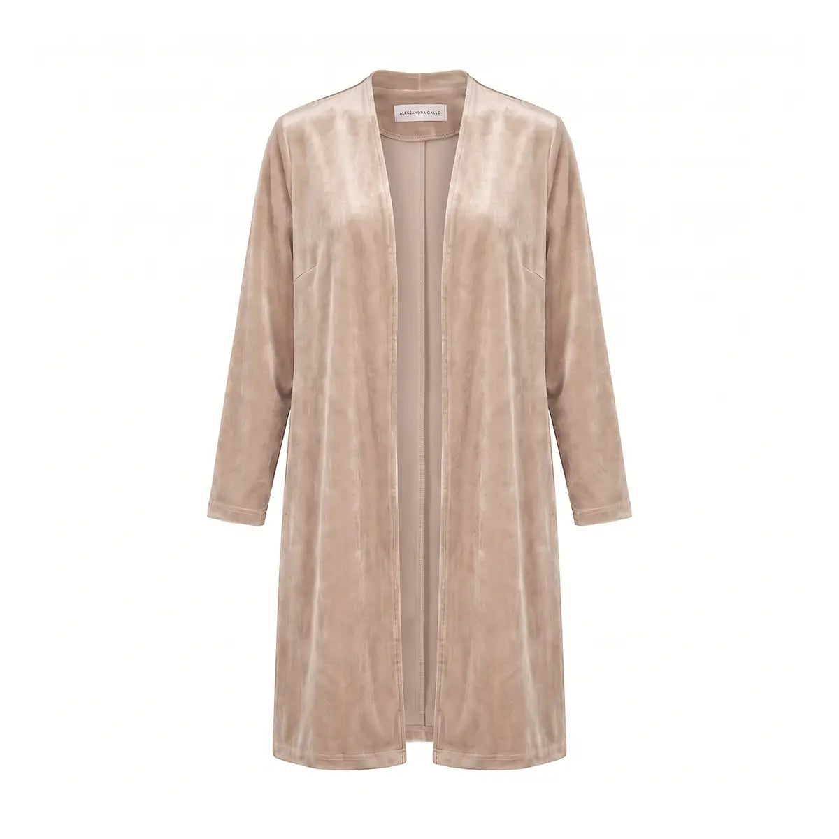 ELEONORA, spolverino lungo in ciniglia beige con apertura sul davanti e maniche lunghe.