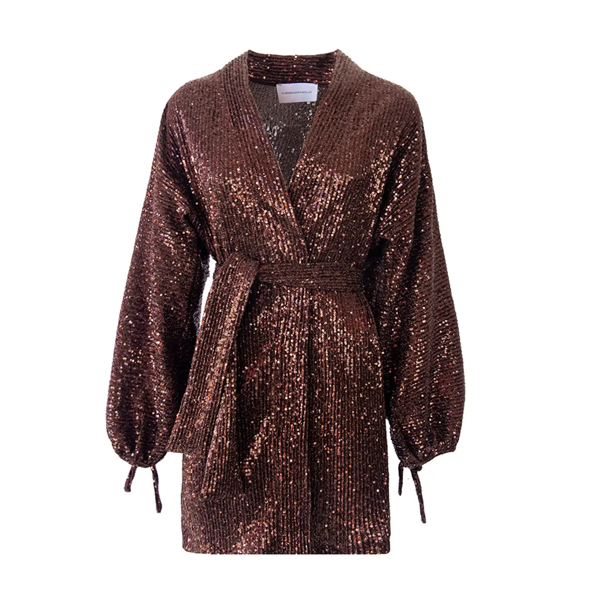 Abito kimono ELVIRA di Alessandra Gallo in paillettes marrone con cintura in vita, scollo a V e maniche ampie - vista frontale - The Light Collection