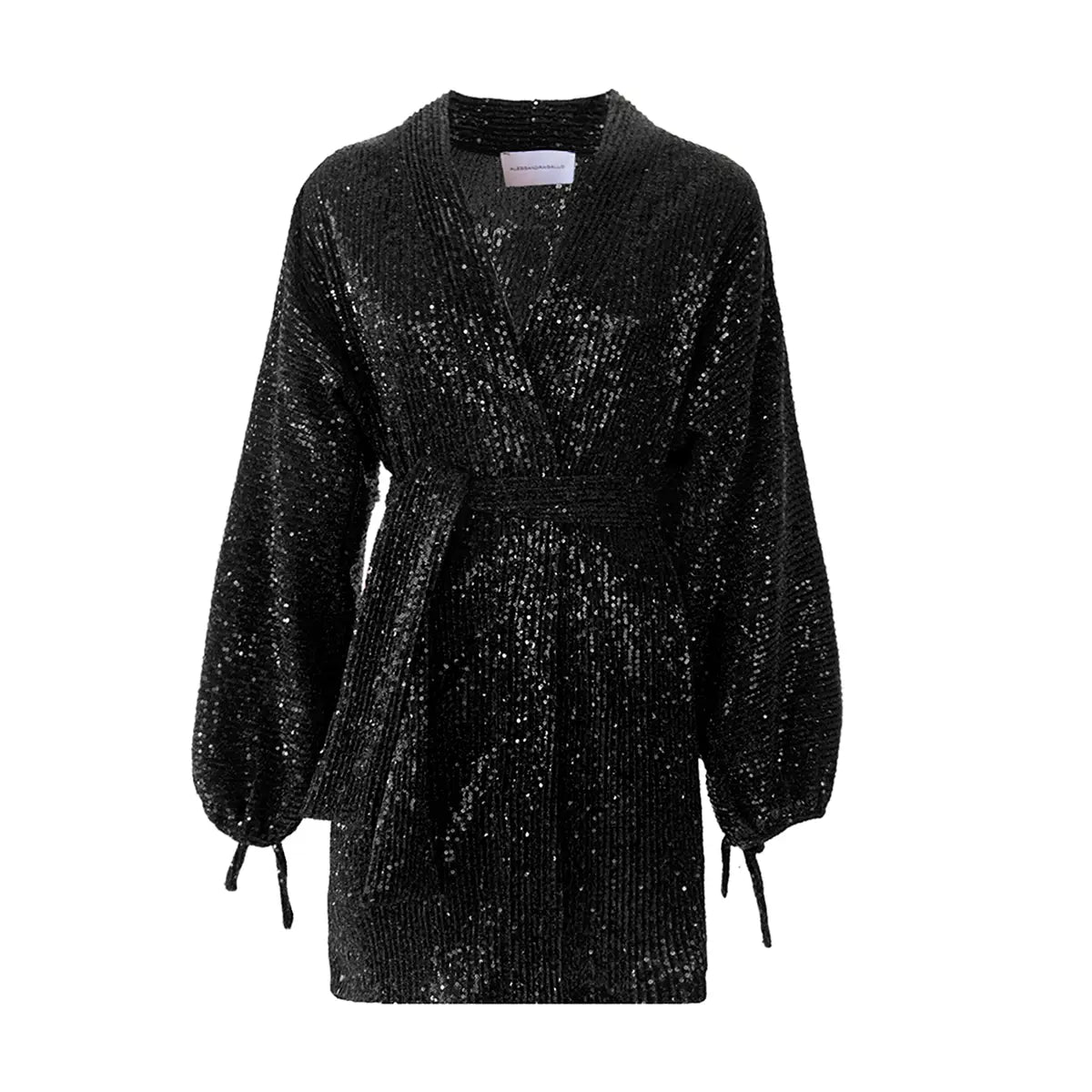 Abito kimono ELVIRA di Alessandra Gallo in paillettes nero con cintura in vita, scollo a V e maniche ampie - vista frontale - The Light Collection