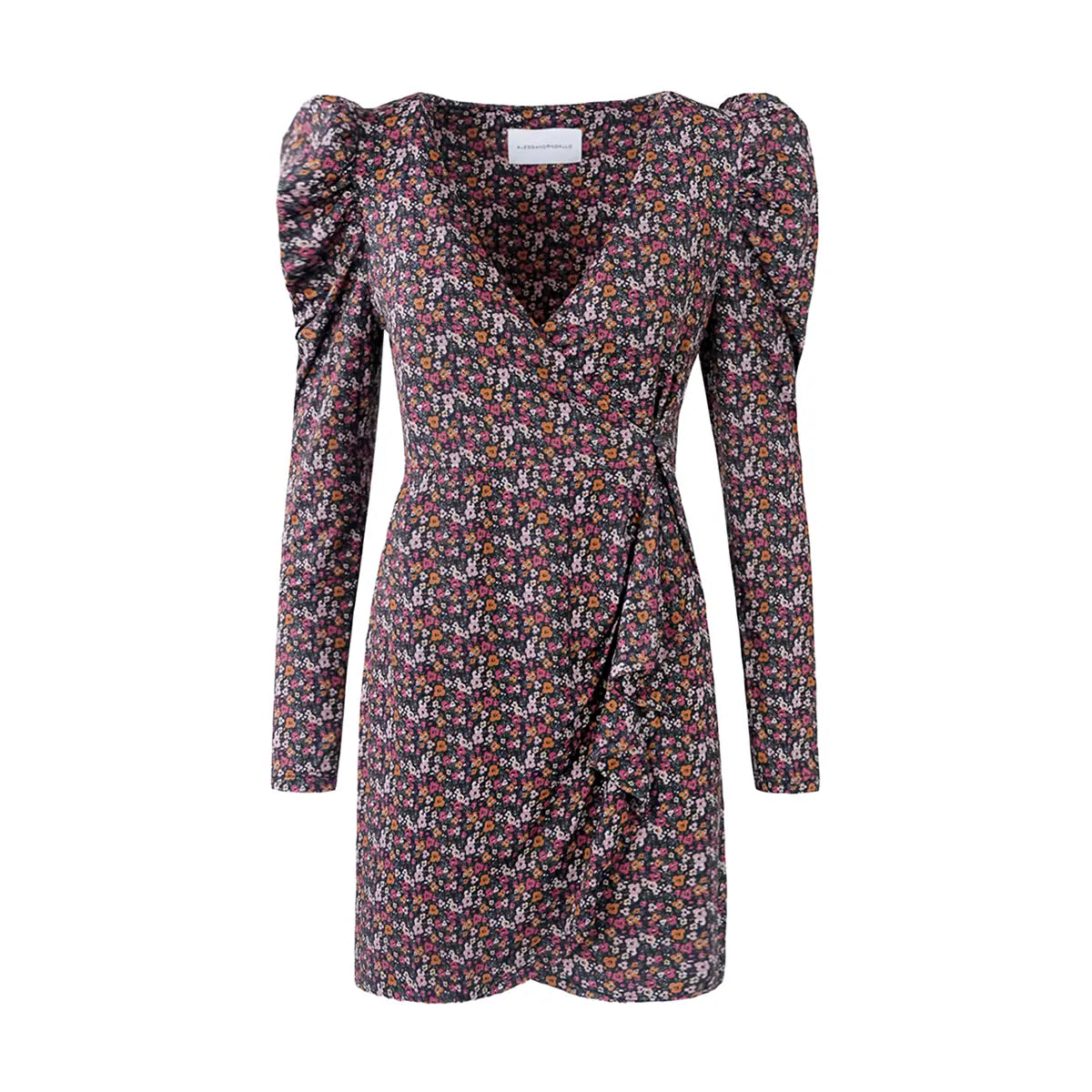 EMMA abito corto portafoglio di Alessandra Gallo in lycra fantasia wild flowers con maniche a sbuffo e scollo a V - elegante abito Made in Italy - the Stretch Collection - vista frontale
