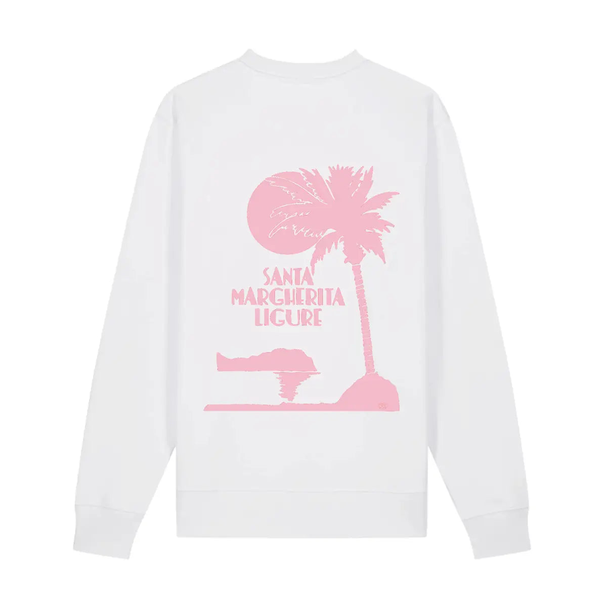 Felpa Santa Margherita Ligure di Alessandra Gallo in cotone biologico bianca con stampa rosa con girocollo e maniche lunghe - vista posteriore - Cabina 42 Collection